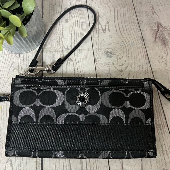 Coach Handbags - Coach Black Silver Signature Monogram Canvas Stripe Wristlet Wallet Metallic EUC